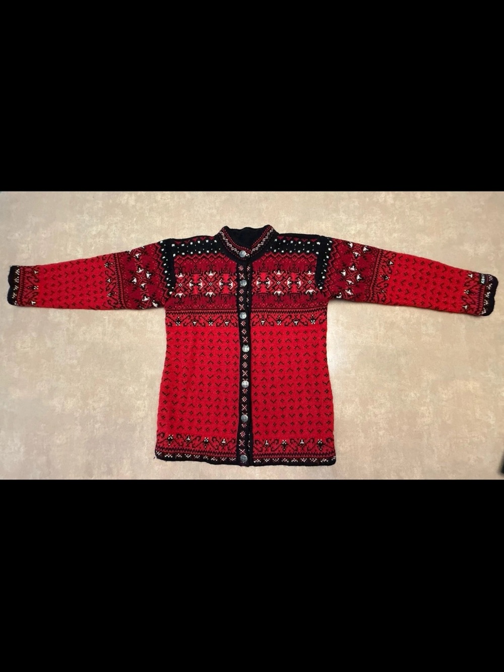 Red Nordic-Pattern Women's Button Cardigan Sweater